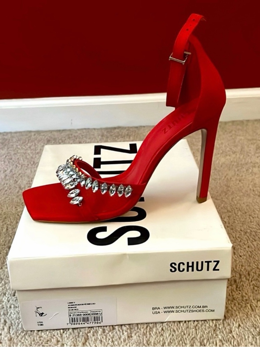 SCHUTZ - Linsey Ted Suede Nubuck Heel Red w/Crystal-Embellishments